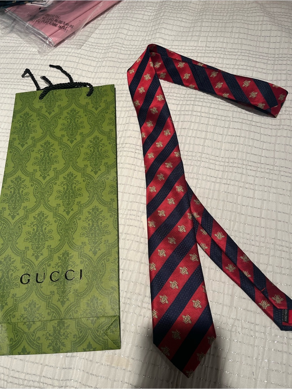 Gucci Men's Red and Navy Diagonal Stripe Tie with Gold Bee Emblems